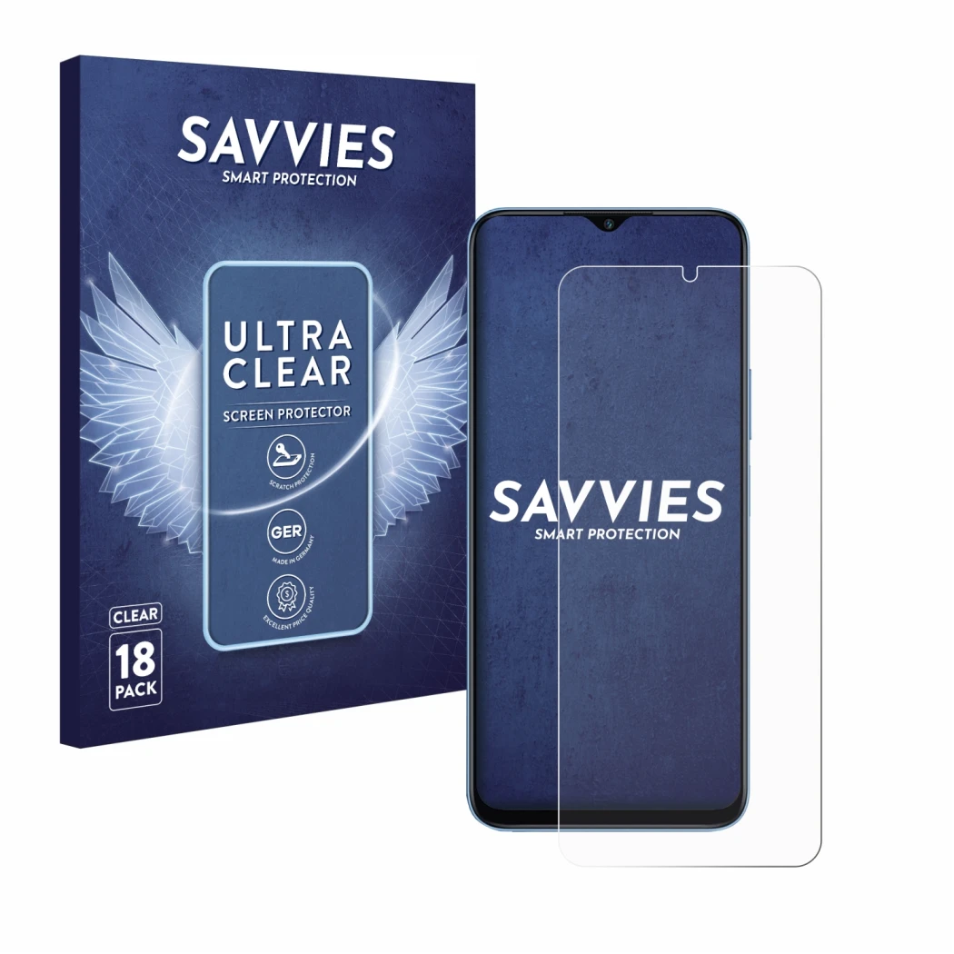 Parte frontal de un envase de producto con el logotipo de la marca Savvies. Al lado se muestra el dispositivo Honor 70 Lite co