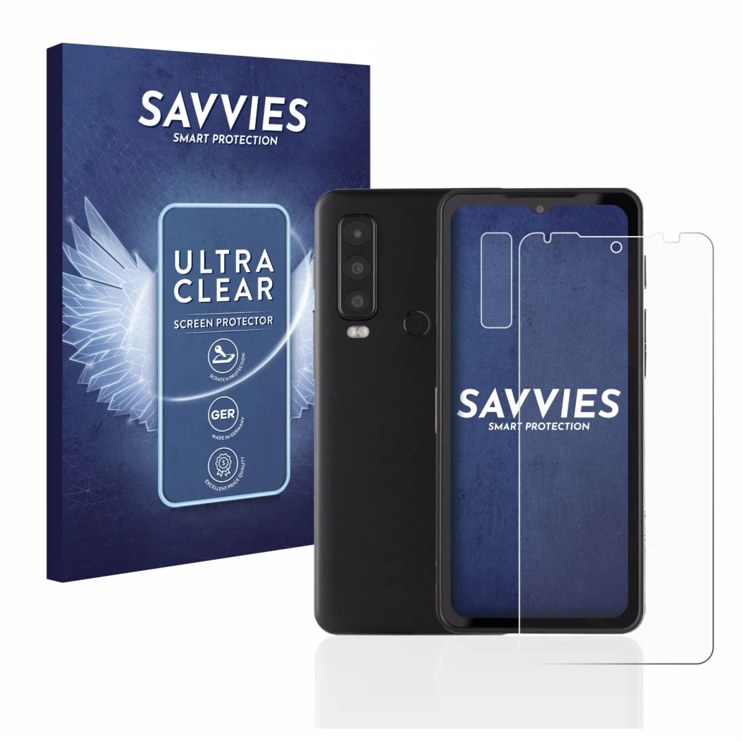 Parte frontal de un envase de producto con el logotipo de la marca Savvies. Al lado se muestra el dispositivo Caterpillar Cat 