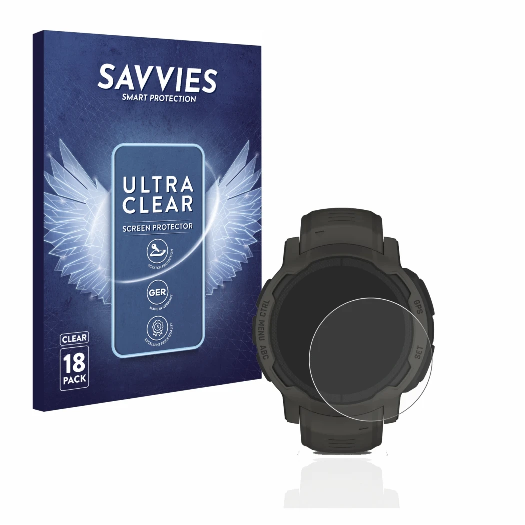 Parte frontal de un envase de producto con el logotipo de la marca Savvies. Al lado se muestra el dispositivo Garmin Instinct 