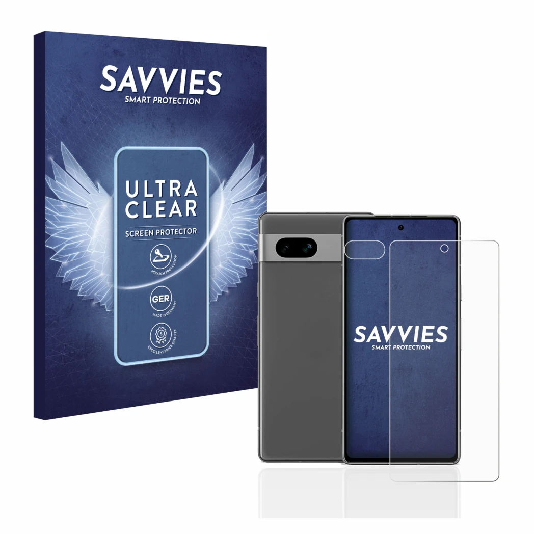 Parte frontal de un envase de producto con el logotipo de la marca Savvies. Al lado se muestra el dispositivo Google Pixel 7a 