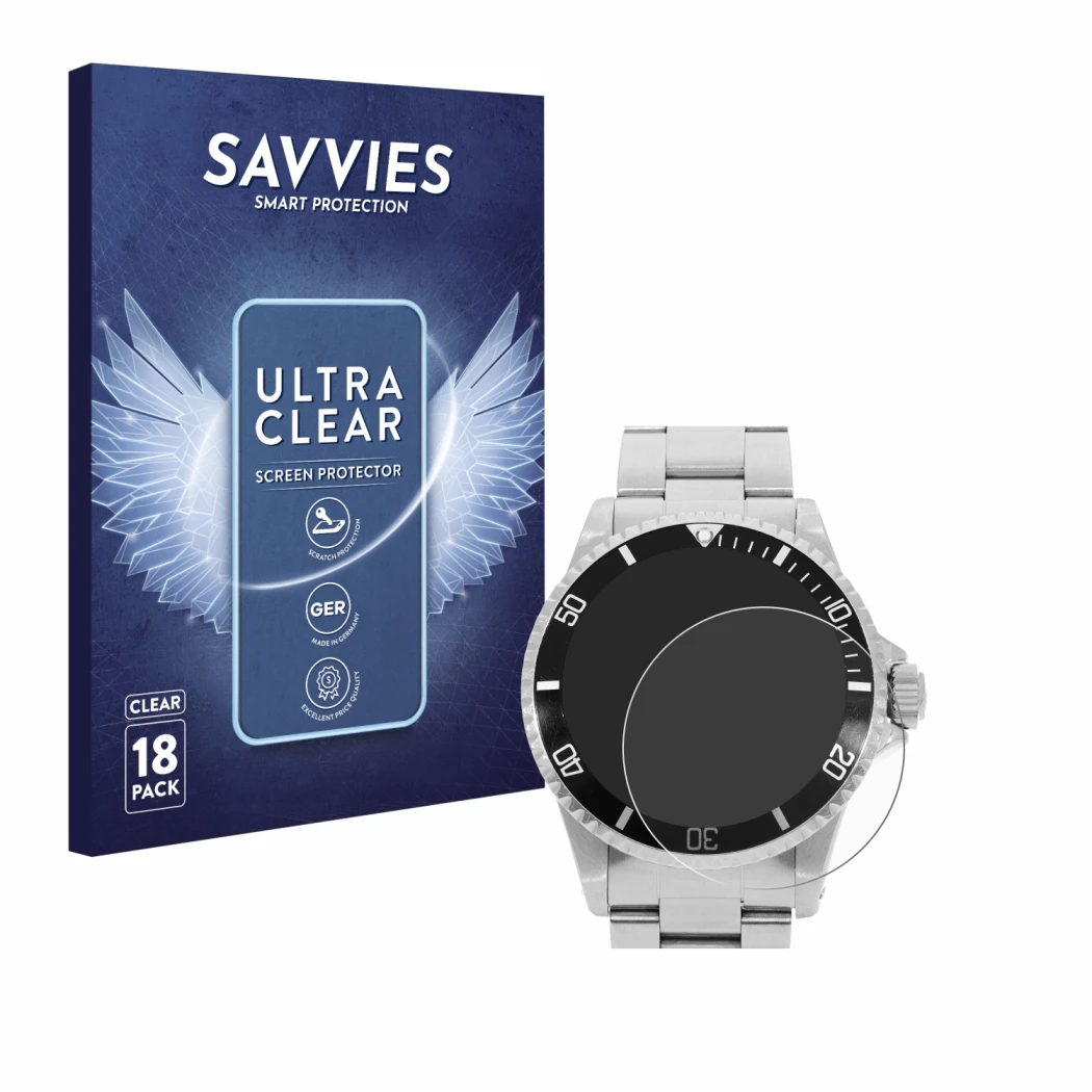 Parte frontal de un envase de producto con el logotipo de la marca Savvies. Al lado se muestra el dispositivo Rolex Submariner