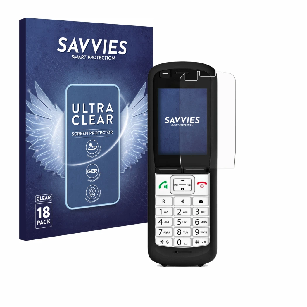 Parte frontal de un envase de producto con el logotipo de la marca Savvies. Al lado se muestra el dispositivo Unify OpenScape 