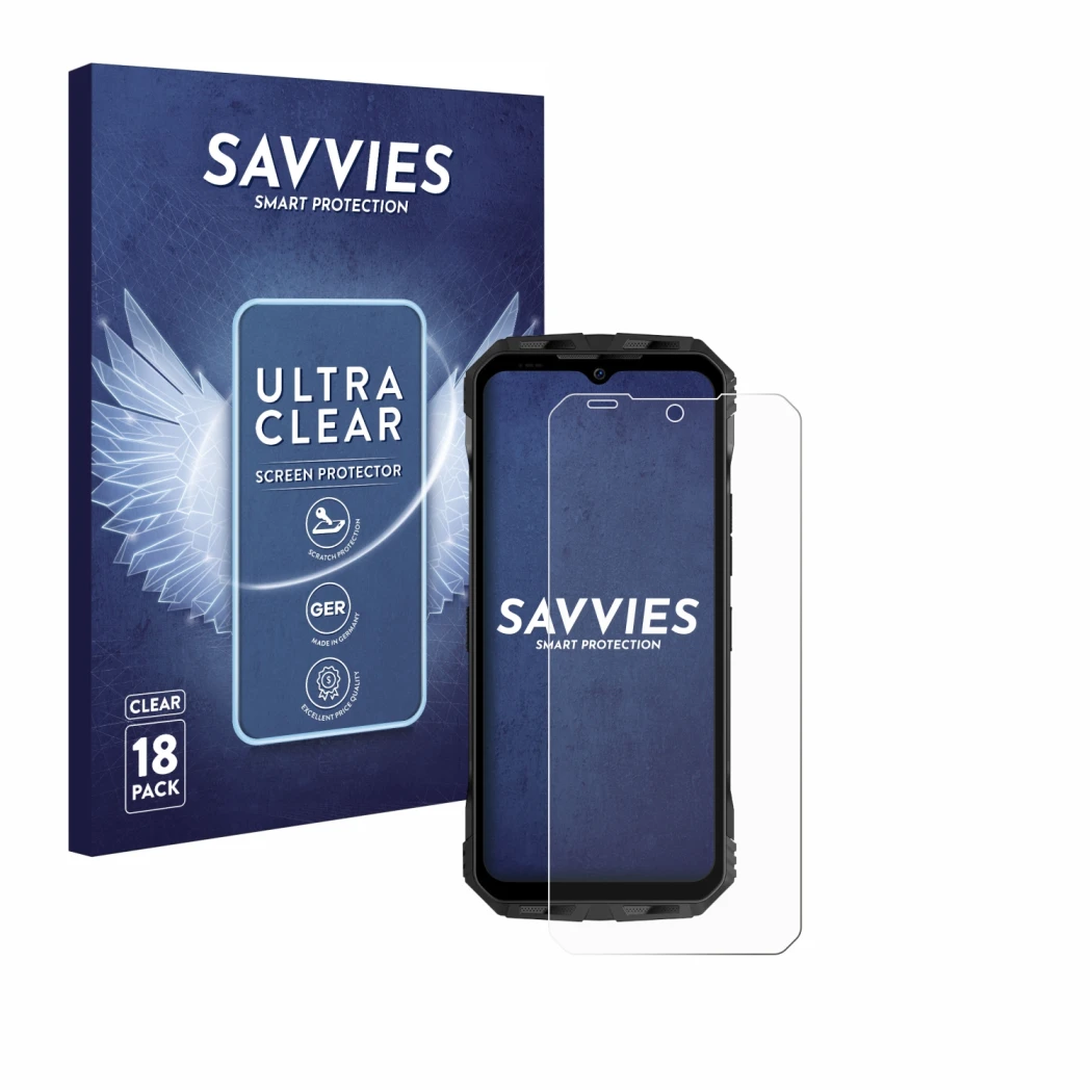 Parte frontal de un envase de producto con el logotipo de la marca Savvies. Al lado se muestra el dispositivo Doogee V30 con s