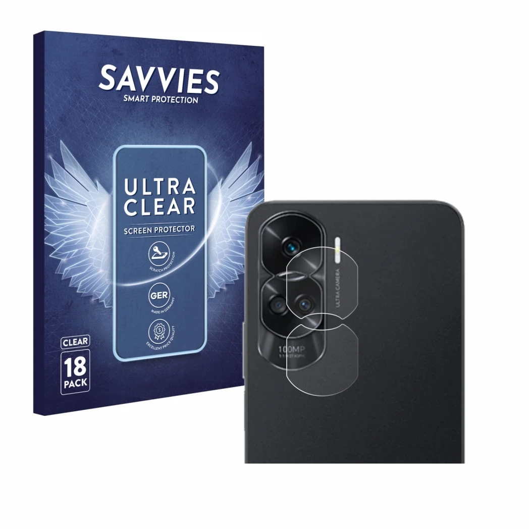 Parte frontal de un envase de producto con el logotipo de la marca Savvies. Al lado se muestra el dispositivo Honor 90 Lite (S