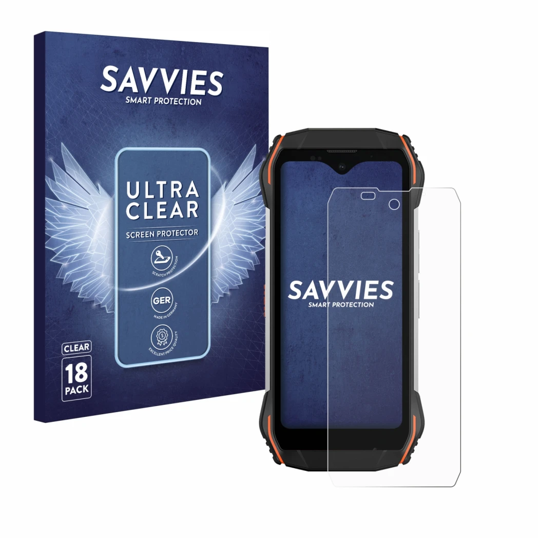 Parte frontal de un envase de producto con el logotipo de la marca Savvies. Al lado se muestra el dispositivo Blackview N6000 