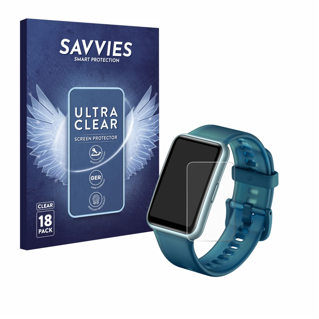 Parte frontal de un envase de producto con el logotipo de la marca Savvies. Al lado se muestra el dispositivo Huawei Watch Fit