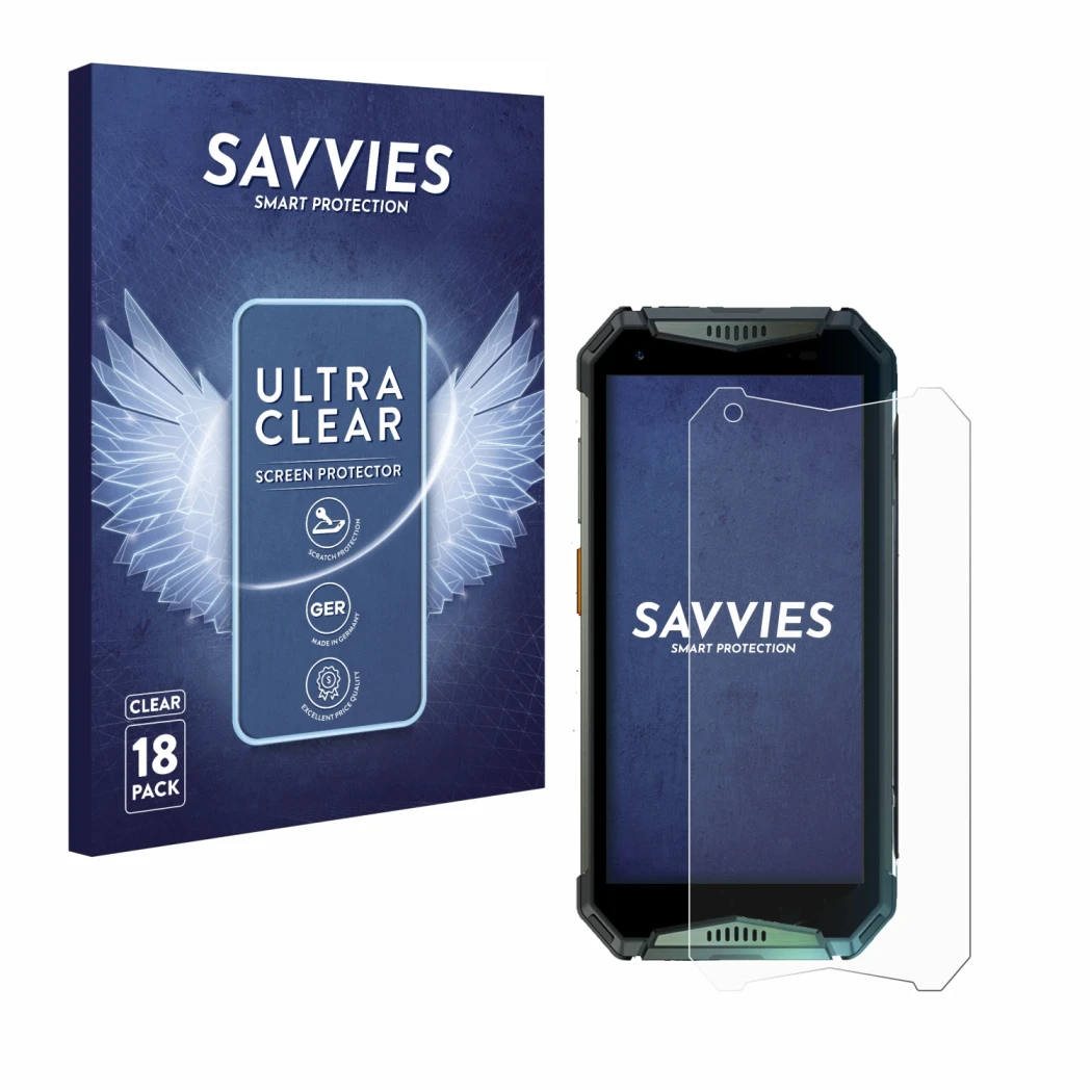 Parte frontal de un envase de producto con el logotipo de la marca Savvies. Al lado se muestra el dispositivo Ulefone Armor 20
