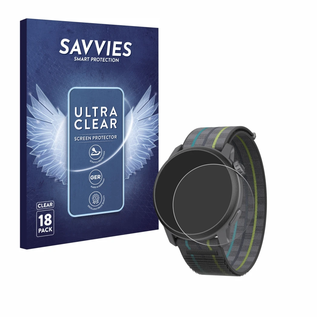 Parte frontal de un envase de producto con el logotipo de la marca Savvies. Al lado se muestra el dispositivo Coros Pace 3 con