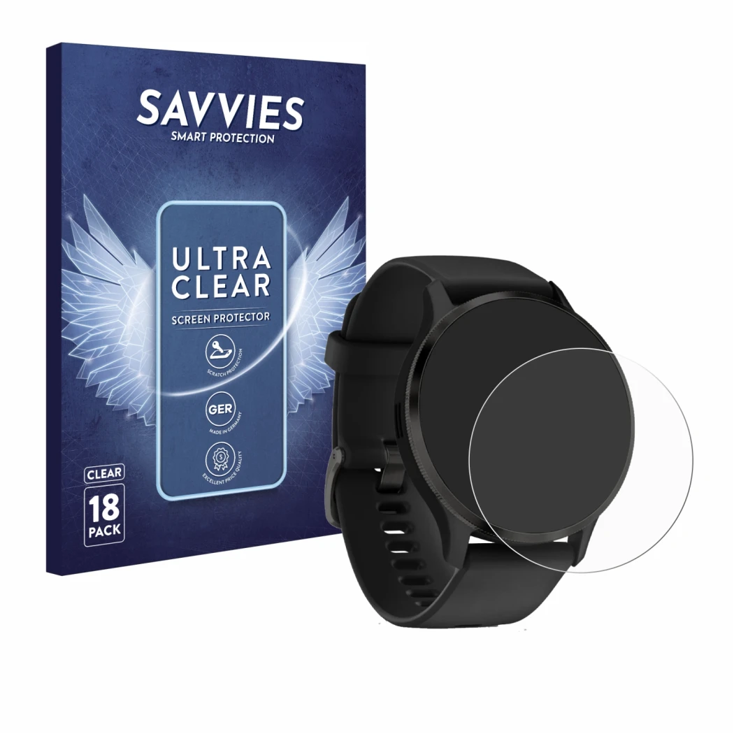 Parte frontal de un envase de producto con el logotipo de la marca Savvies. Al lado se muestra el dispositivo Garmin Venu 3S c