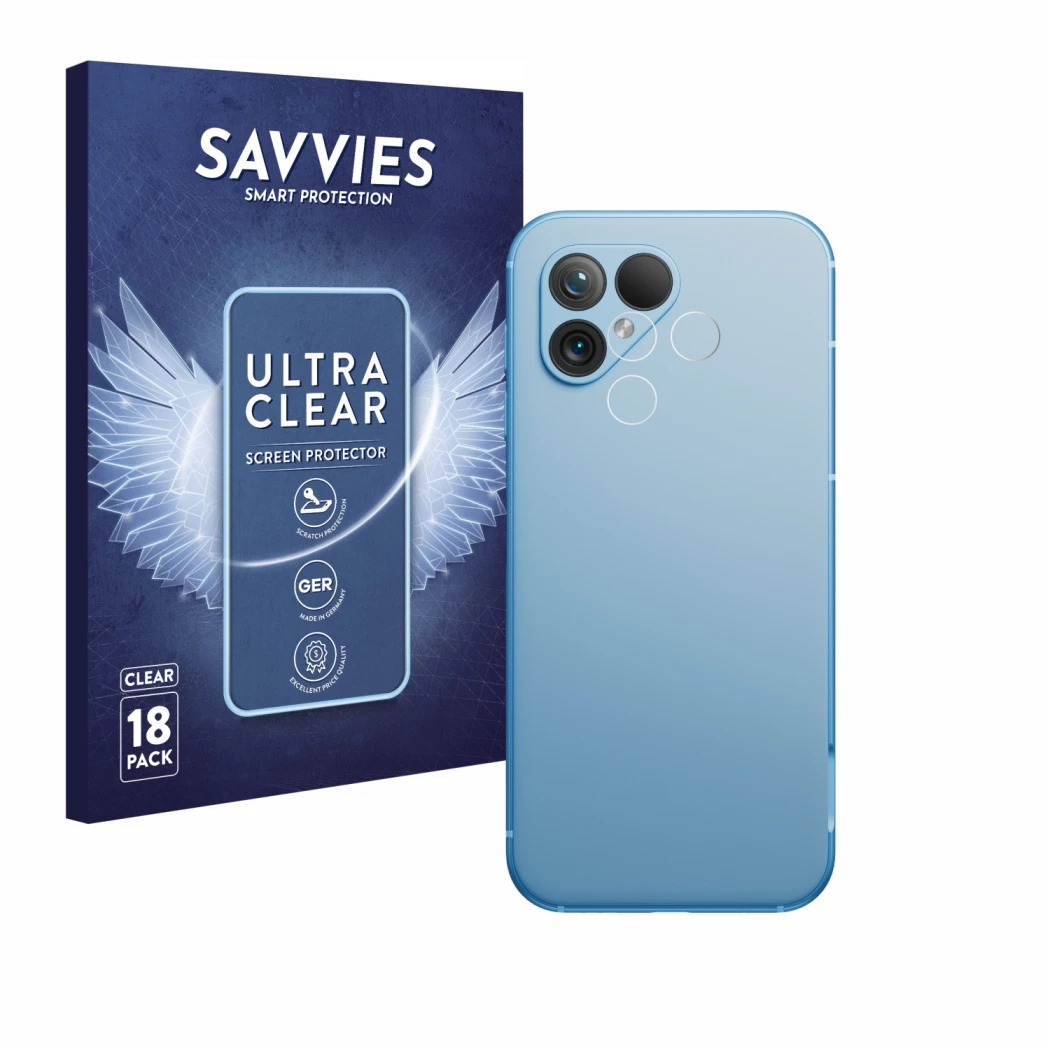 Parte frontal de un envase de producto con el logotipo de la marca Savvies. Al lado se muestra el dispositivo Fairphone 5 (SÓL