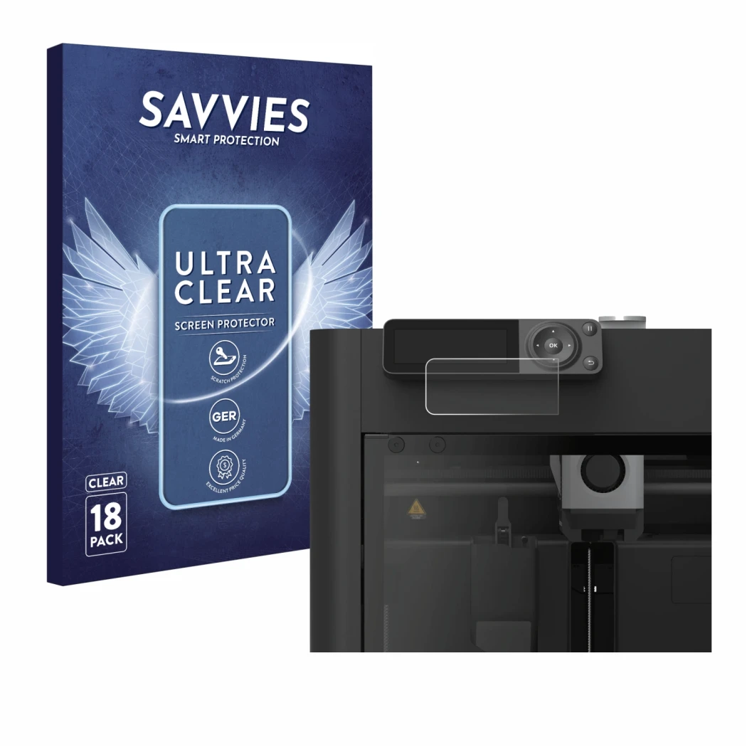 Parte frontal de un envase de producto con el logotipo de la marca Savvies. Al lado se muestra el dispositivo Bambu Lab P1S 3D