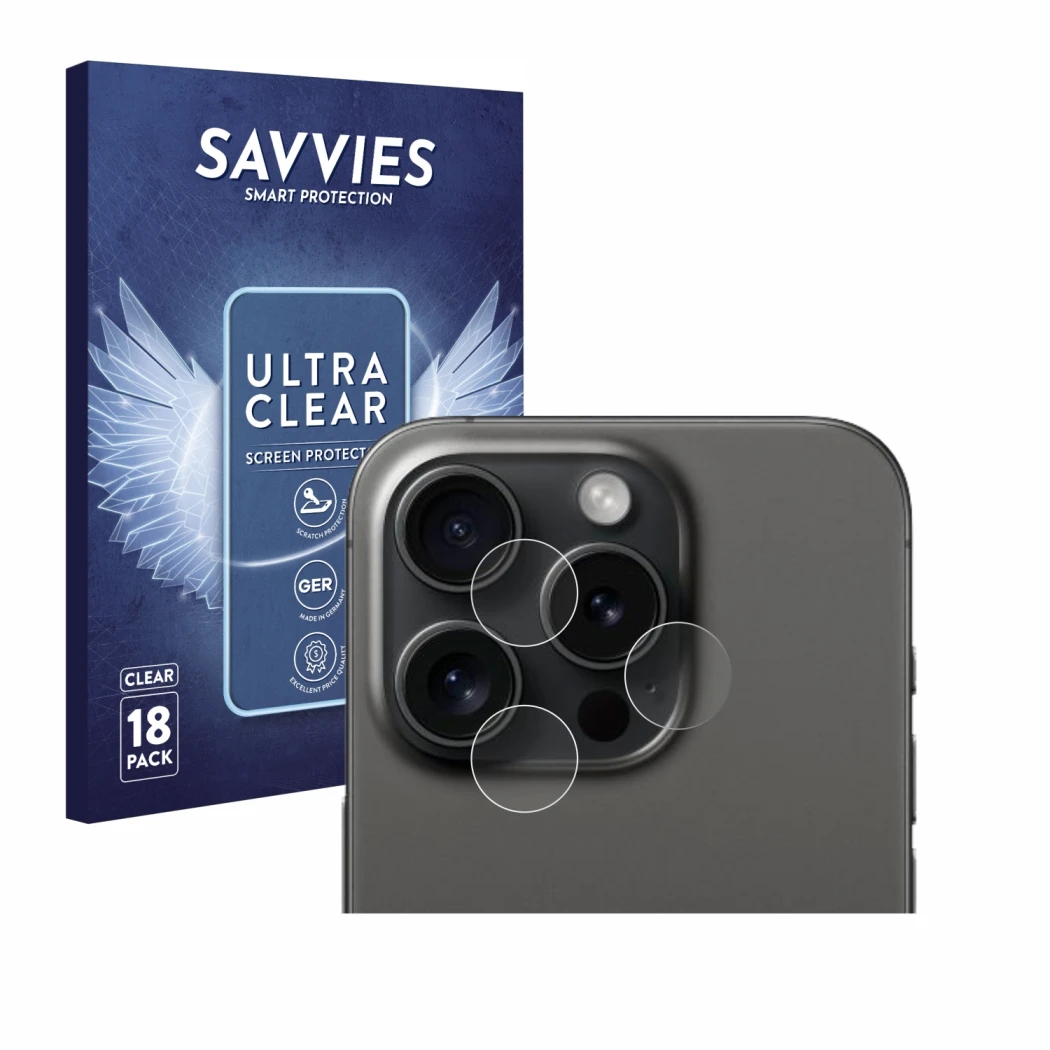 Parte frontal de un envase de producto con el logotipo de la marca Savvies. Al lado se muestra el dispositivo Apple iPhone 15 