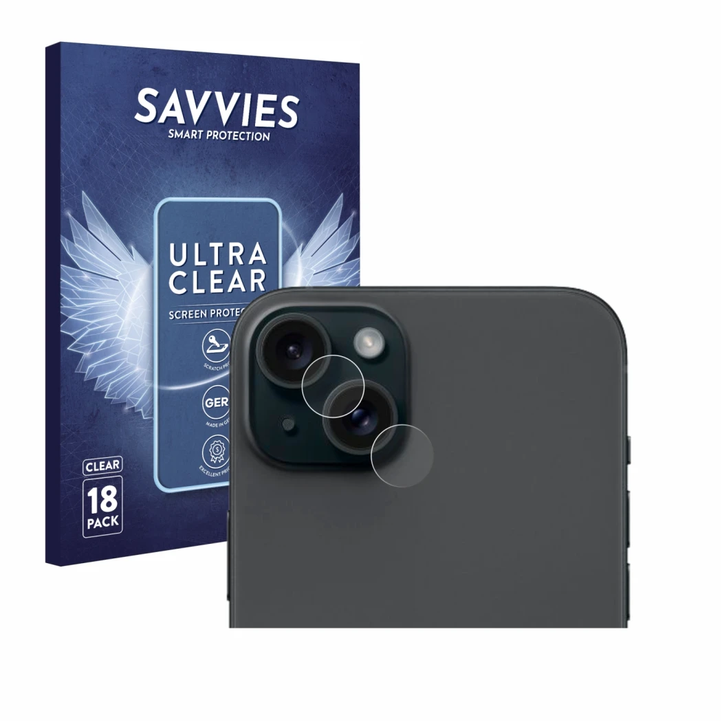 Parte frontal de un envase de producto con el logotipo de la marca Savvies. Al lado se muestra el dispositivo Apple iPhone 15 