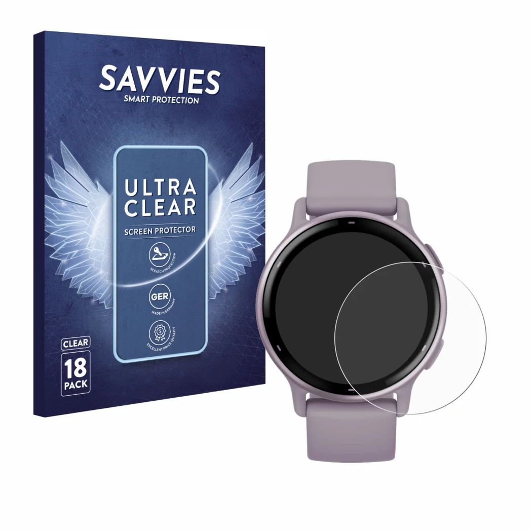 Parte frontal de un envase de producto con el logotipo de la marca Savvies. Al lado se muestra el dispositivo Garmin vivoactiv