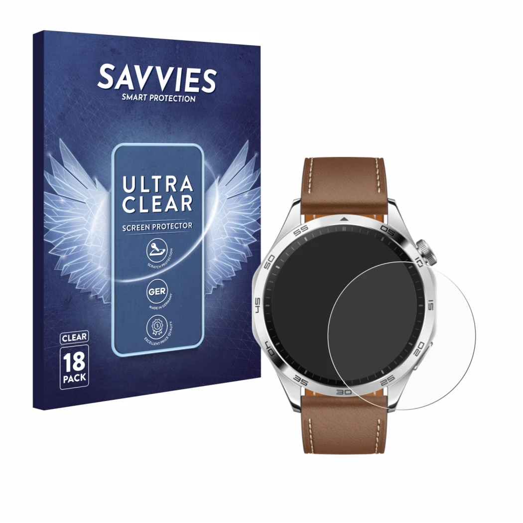 Parte frontal de un envase de producto con el logotipo de la marca Savvies. Al lado se muestra el dispositivo Huawei Watch GT 