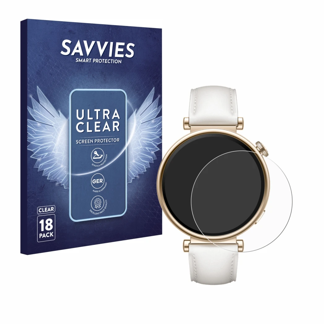 Parte frontal de un envase de producto con el logotipo de la marca Savvies. Al lado se muestra el dispositivo Huawei Watch GT 