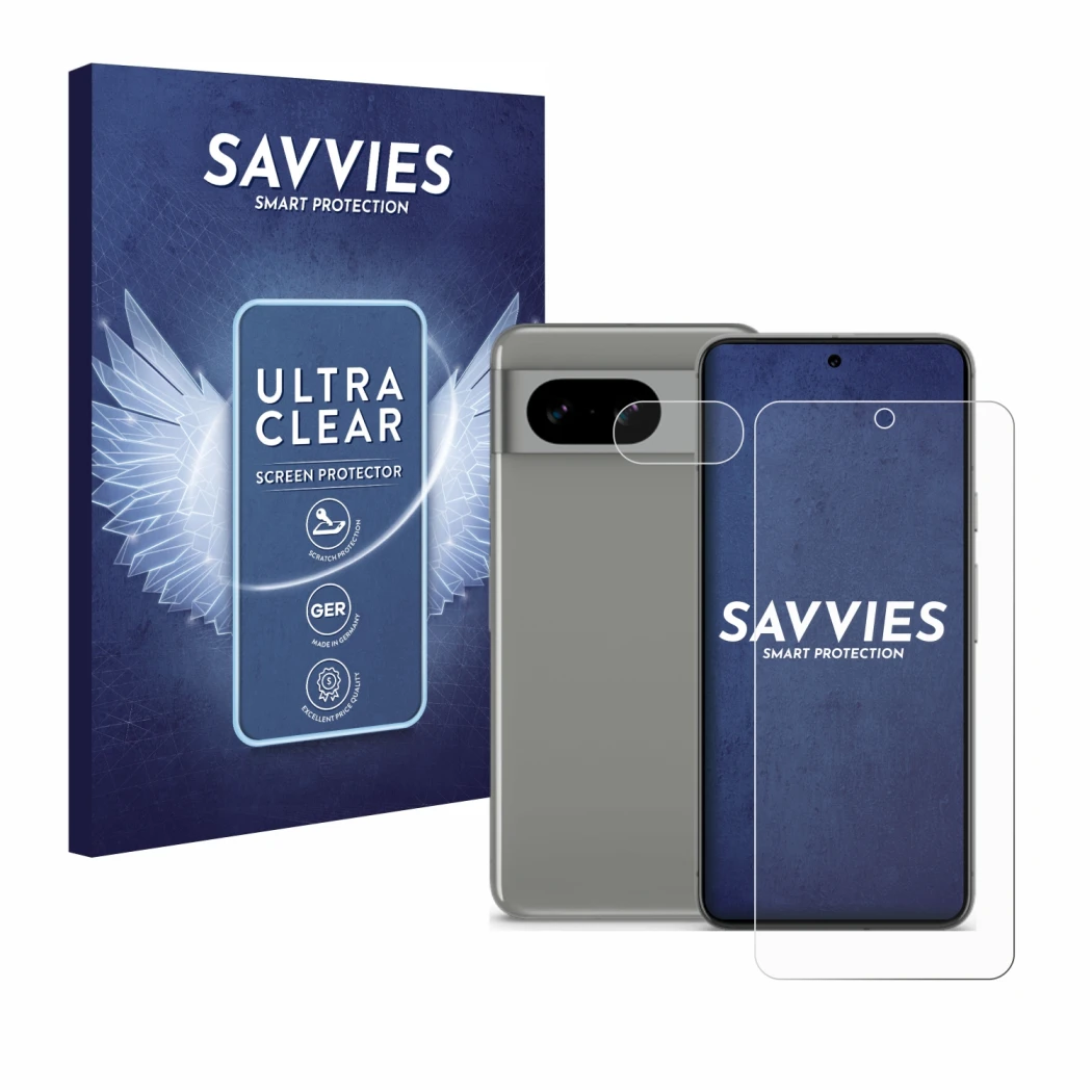 Parte frontal de un envase de producto con el logotipo de la marca Savvies. Al lado se muestra el dispositivo Google Pixel 8 (
