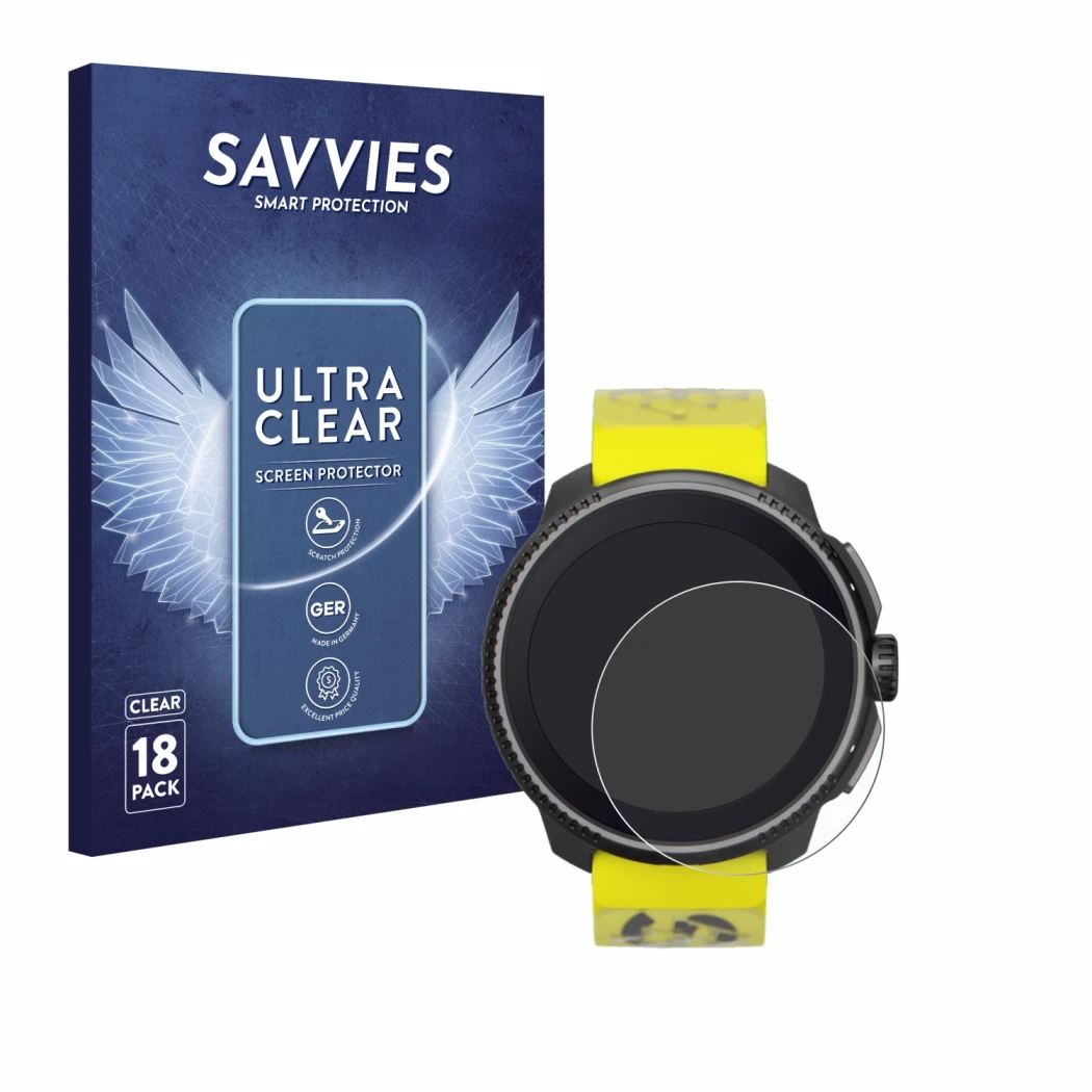 Parte frontal de un envase de producto con el logotipo de la marca Savvies. Al lado se muestra el dispositivo Suunto Race con 