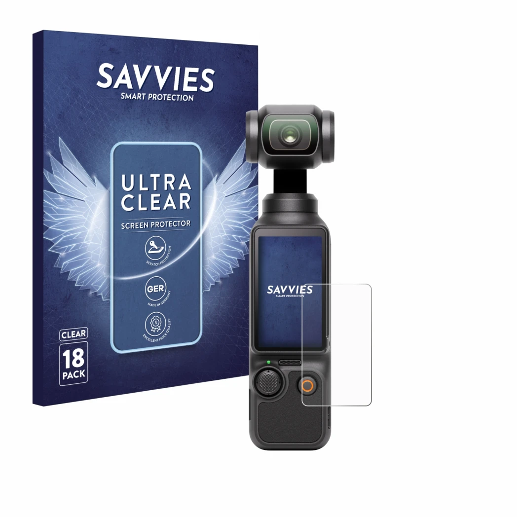 Parte frontal de un envase de producto con el logotipo de la marca Savvies. Al lado se muestra el dispositivo DJI Osmo Pocket 