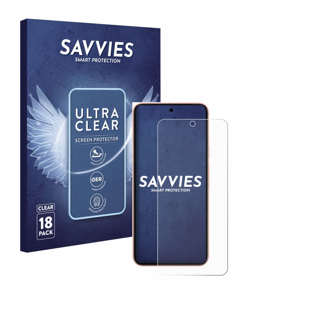 Parte frontal de un envase de producto con el logotipo de la marca Savvies. Al lado se muestra el dispositivo Google Pixel 8 (