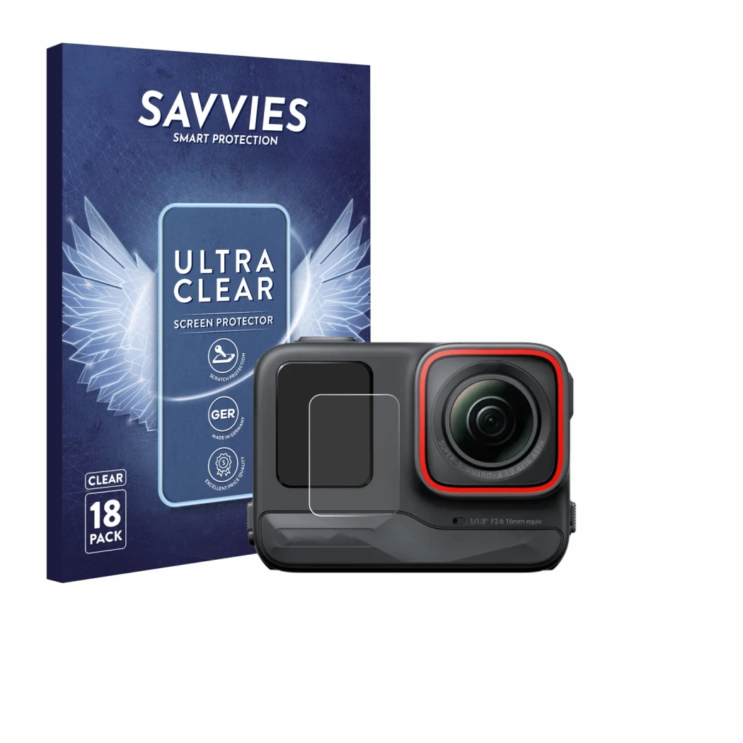 Parte frontal de un envase de producto con el logotipo de la marca Savvies. Al lado se muestra el dispositivo Insta360 Ace Pro