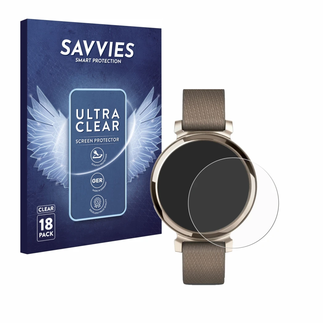 Parte frontal de un envase de producto con el logotipo de la marca Savvies. Al lado se muestra el dispositivo Garmin Lily 2 co