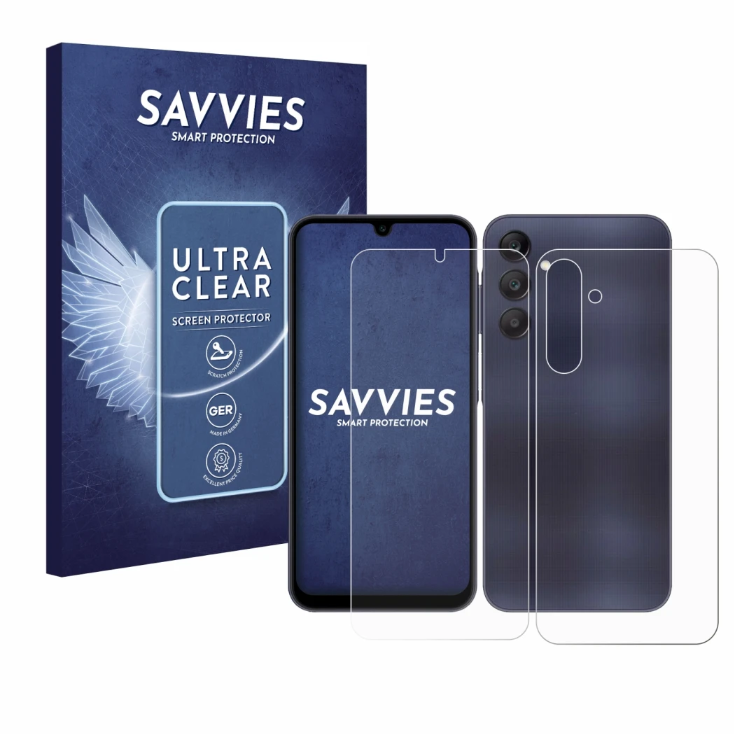 Parte frontal de un envase de producto con el logotipo de la marca Savvies. Al lado se muestra el dispositivo Samsung Galaxy A