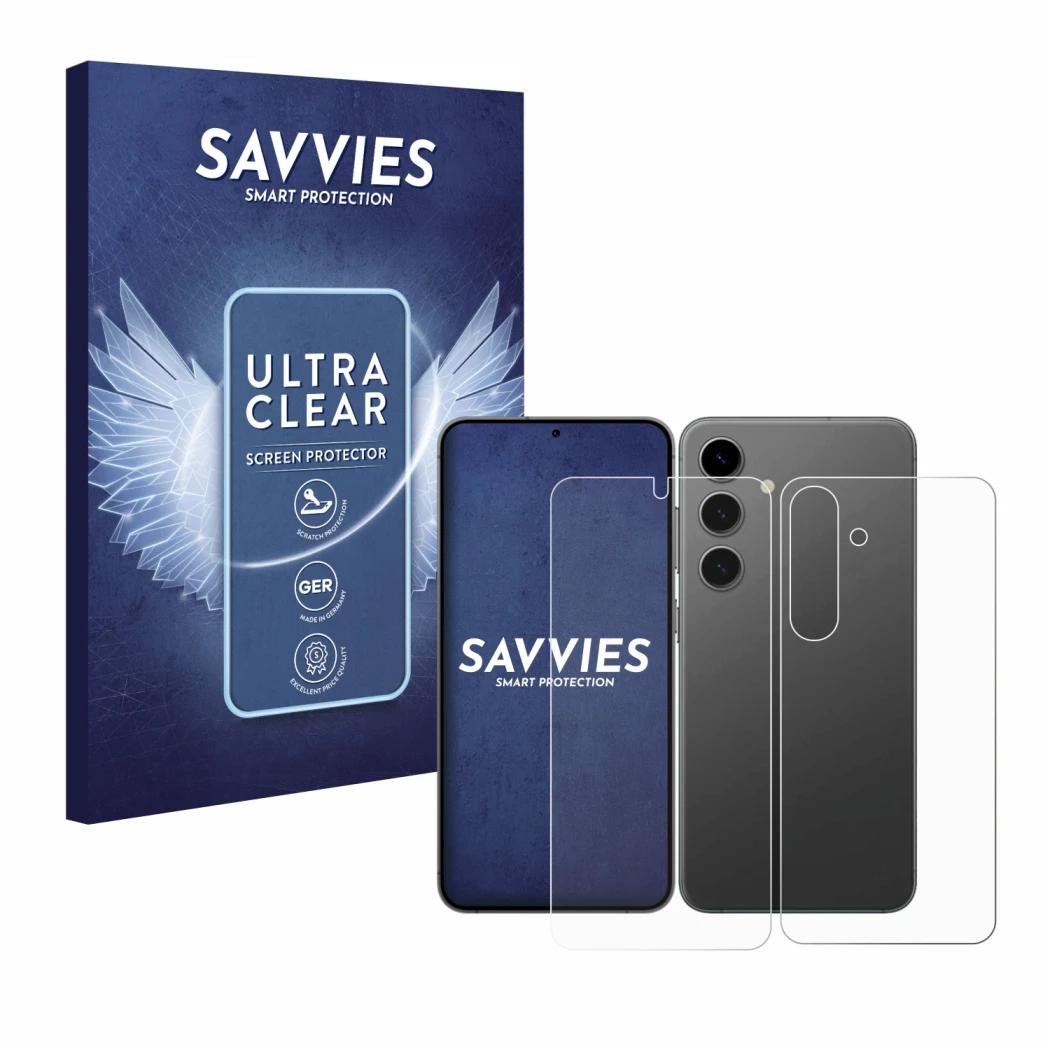 Parte frontal de un envase de producto con el logotipo de la marca Savvies. Al lado se muestra el dispositivo Samsung Galaxy S