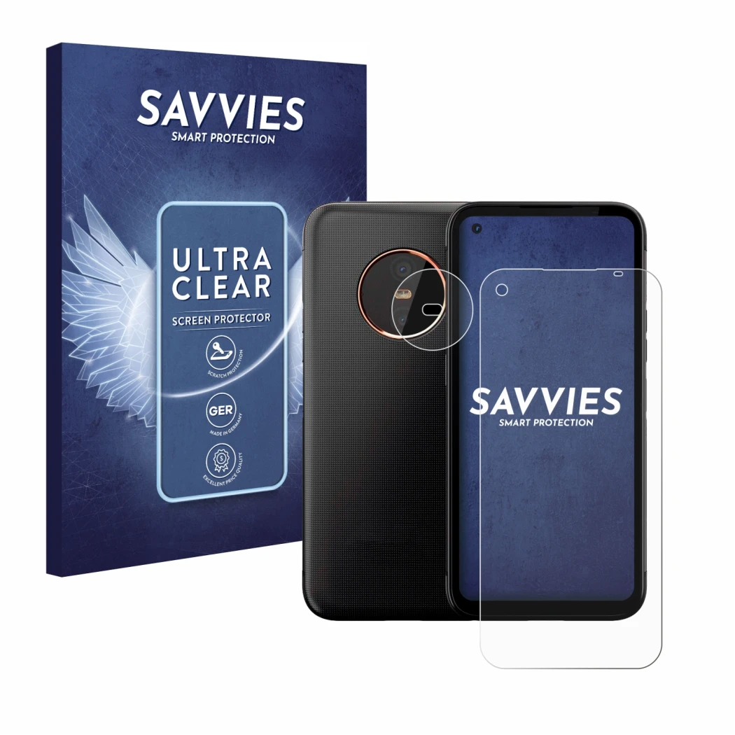 Parte frontal de un envase de producto con el logotipo de la marca Savvies. Al lado se muestra el dispositivo Gigaset GX6 Pro 