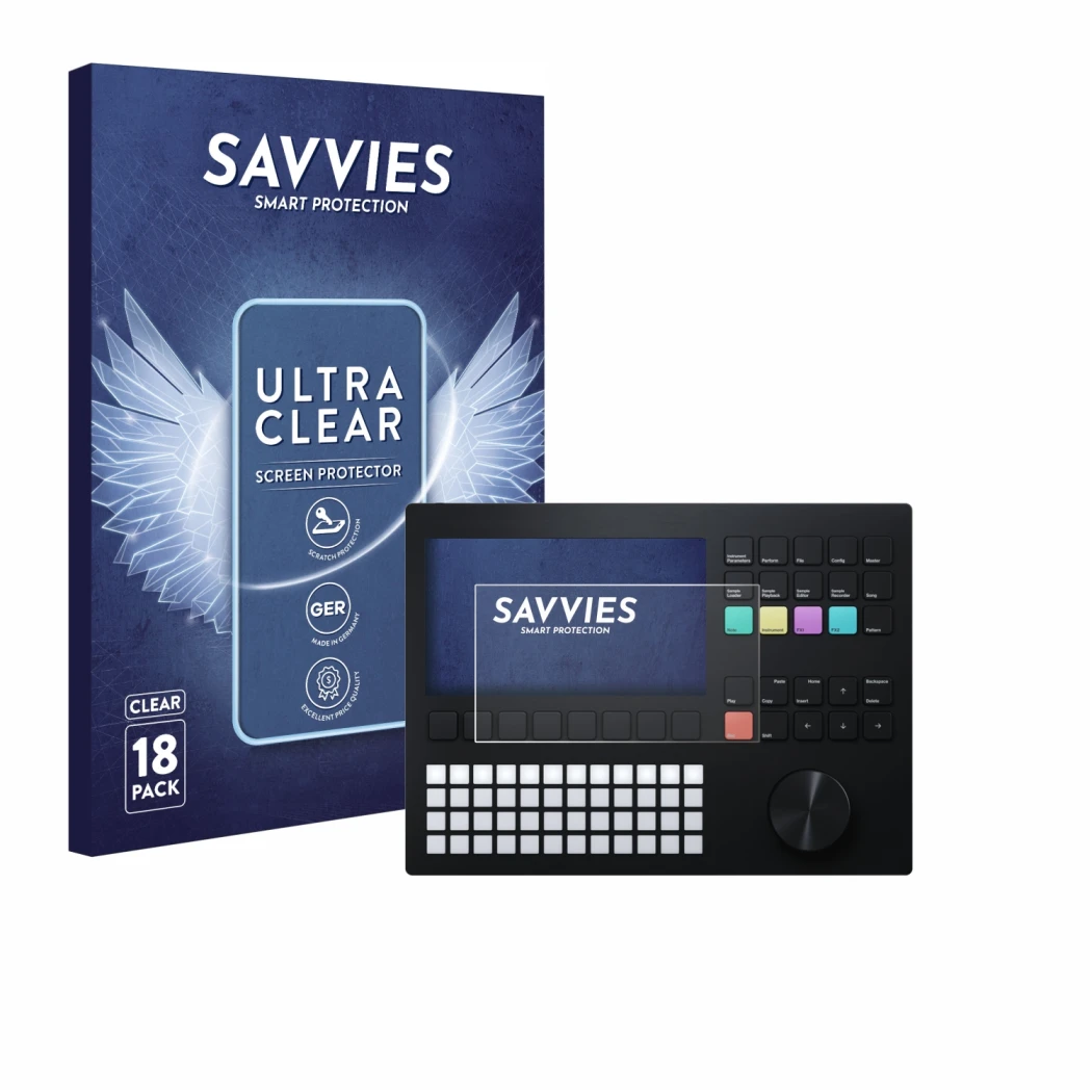 Parte frontal de un envase de producto con el logotipo de la marca Savvies. Al lado se muestra el dispositivo Polyend Tracker 