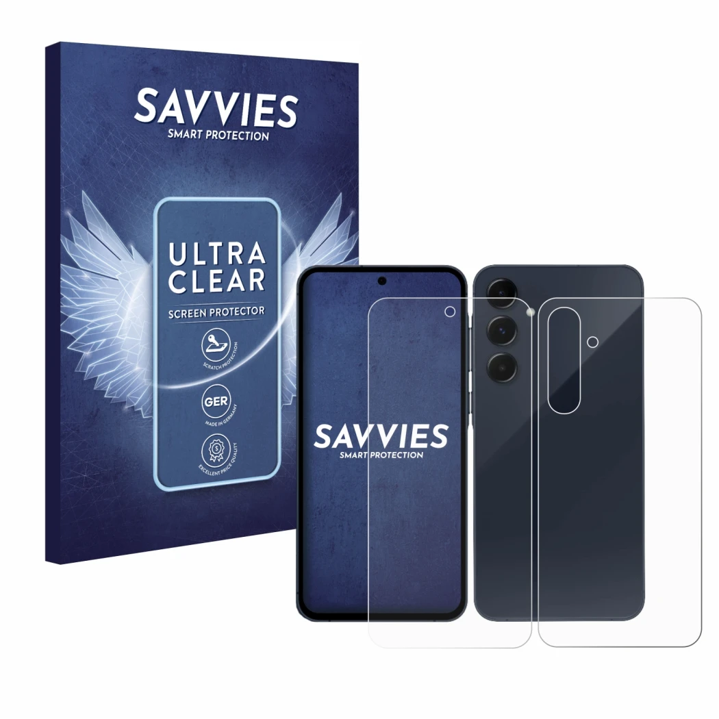 Parte frontal de un envase de producto con el logotipo de la marca Savvies. Al lado se muestra el dispositivo Samsung Galaxy A