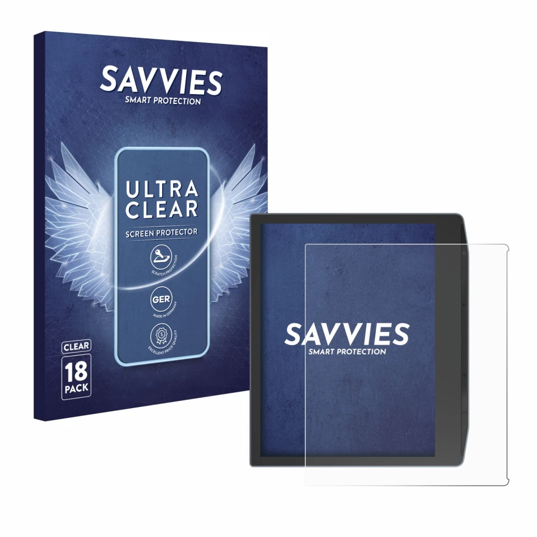 Parte frontal de un envase de producto con el logotipo de la marca Savvies. Al lado se muestra el dispositivo PocketBook Era C