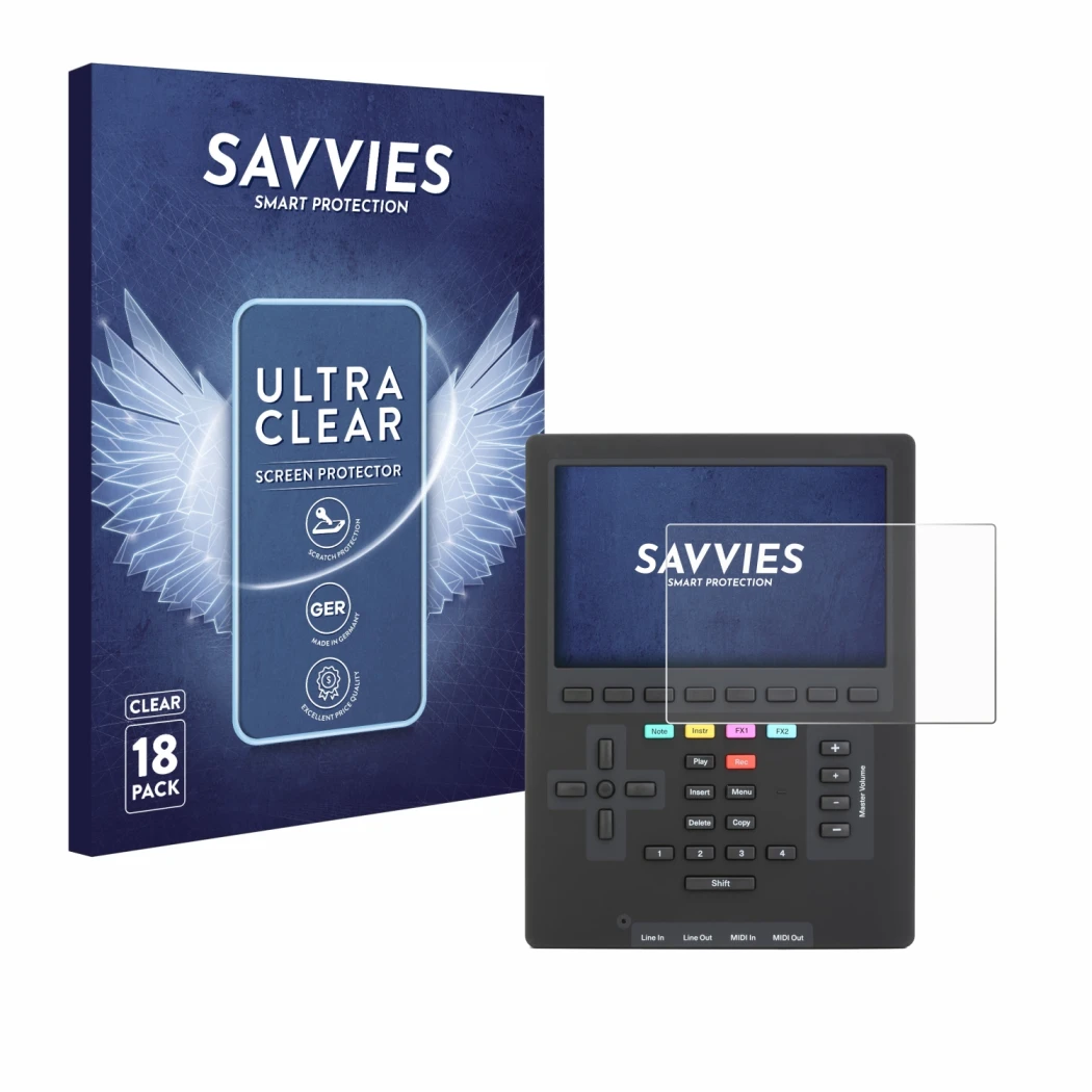 Parte frontal de un envase de producto con el logotipo de la marca Savvies. Al lado se muestra el dispositivo Polyend Tracker 