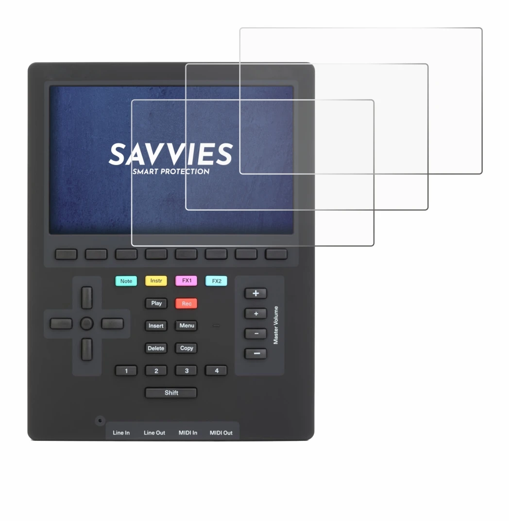 Imagen del dispositivo Polyend Tracker Mini con una amplia variedad de protectores de pantalla.