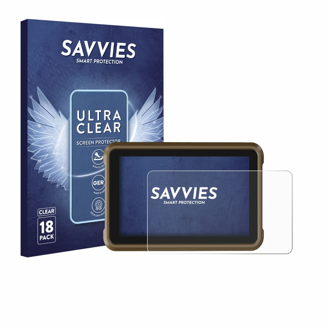Parte frontal de un envase de producto con el logotipo de la marca Savvies. Al lado se muestra el dispositivo Atomos Ninja con