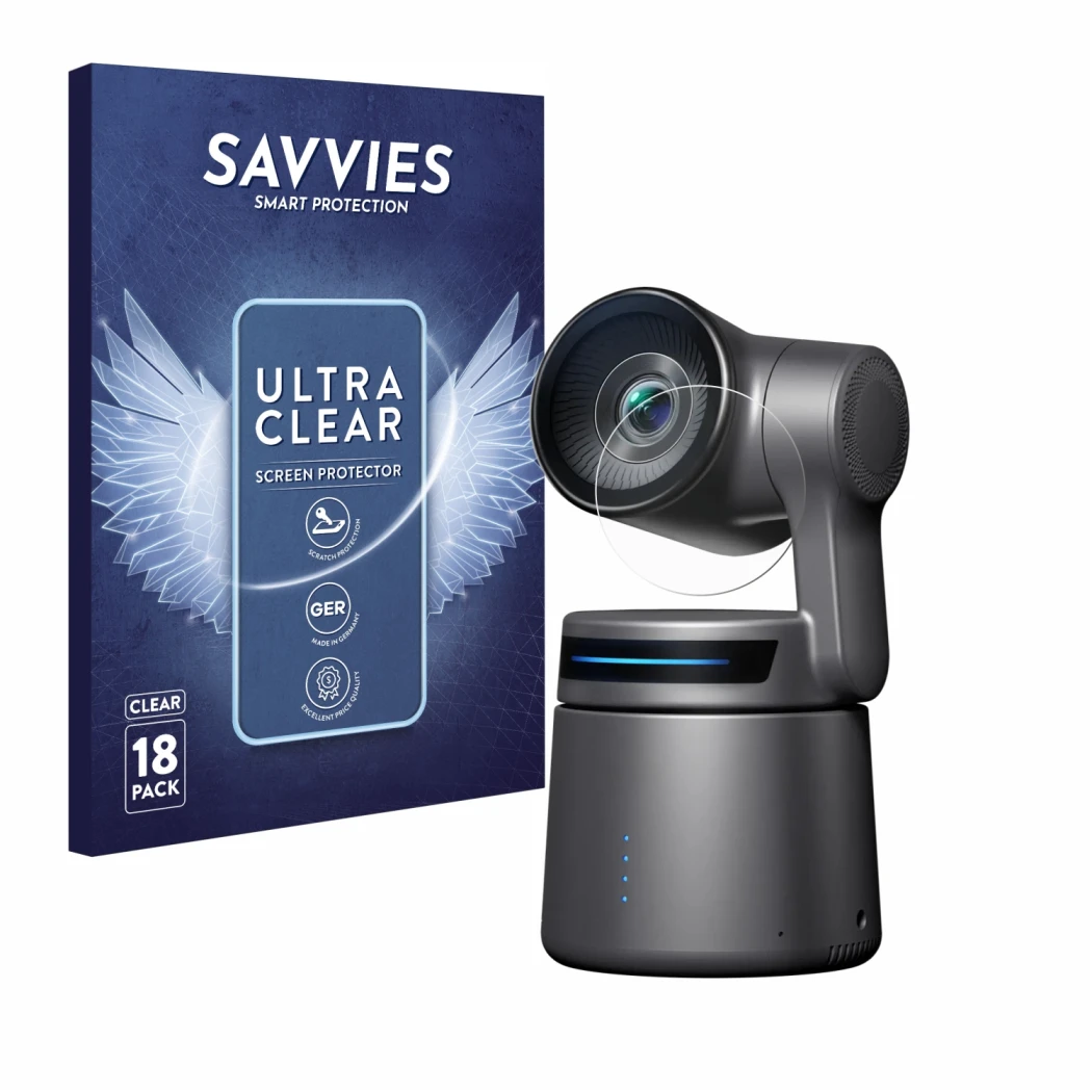 Parte frontal de un envase de producto con el logotipo de la marca Savvies. Al lado se muestra el dispositivo OBSBOT Tail Air 