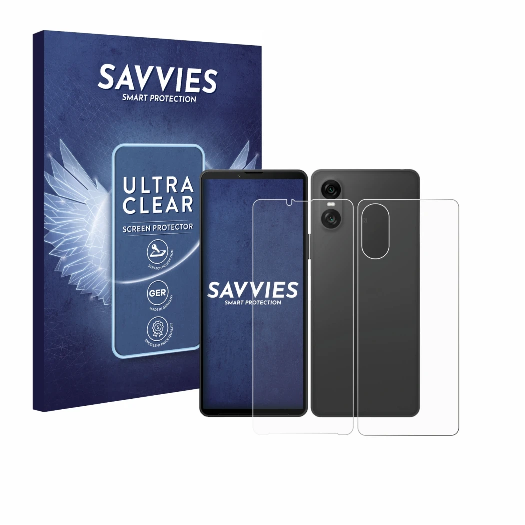 Parte frontal de un envase de producto con el logotipo de la marca Savvies. Al lado se muestra el dispositivo Sony Xperia 10 V