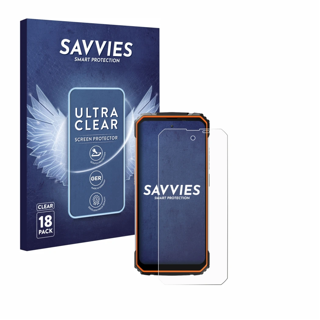 Parte frontal de un envase de producto con el logotipo de la marca Savvies. Al lado se muestra el dispositivo Blackview BV8100