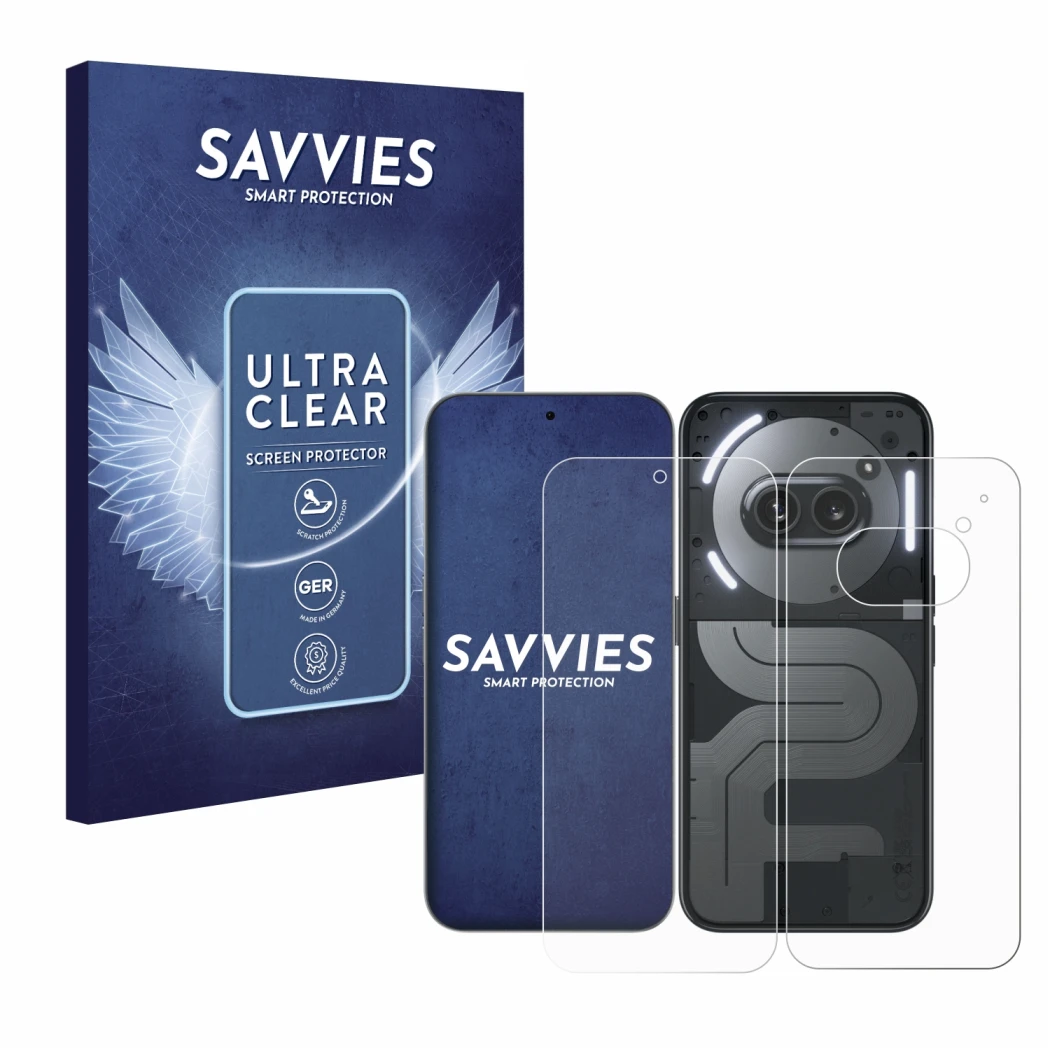 Parte frontal de un envase de producto con el logotipo de la marca Savvies. Al lado se muestra el dispositivo Nothing Phone (2