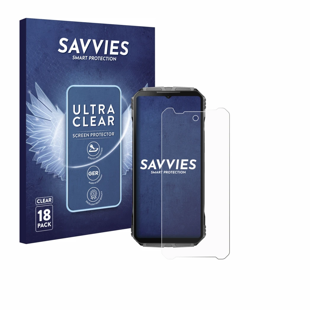 Parte frontal de un envase de producto con el logotipo de la marca Savvies. Al lado se muestra el dispositivo Doogee V40 Pro c
