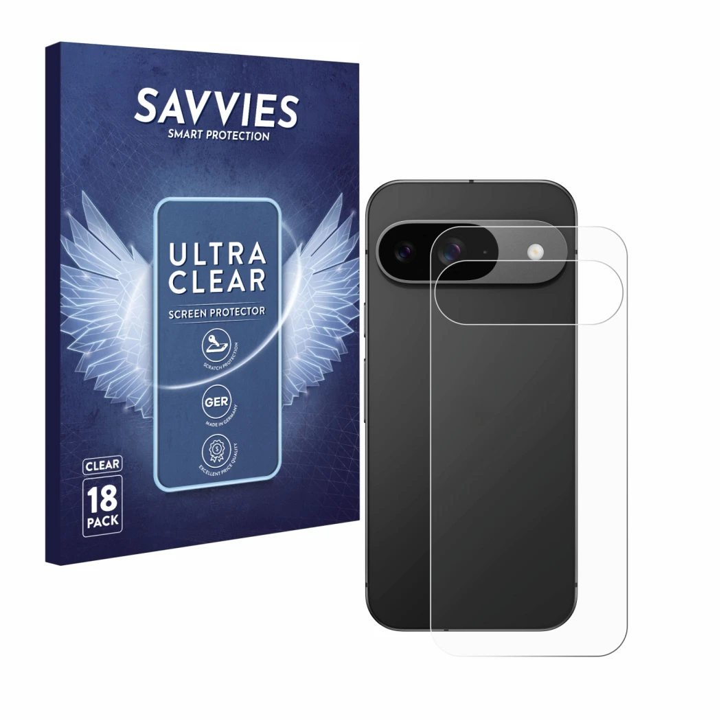 Parte frontal de un envase de producto con el logotipo de la marca Savvies. Al lado se muestra el dispositivo Google Pixel 9 (