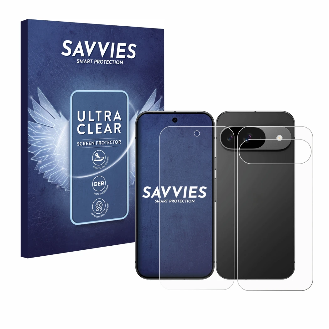 Parte frontal de un envase de producto con el logotipo de la marca Savvies. Al lado se muestra el dispositivo Google Pixel 9 (
