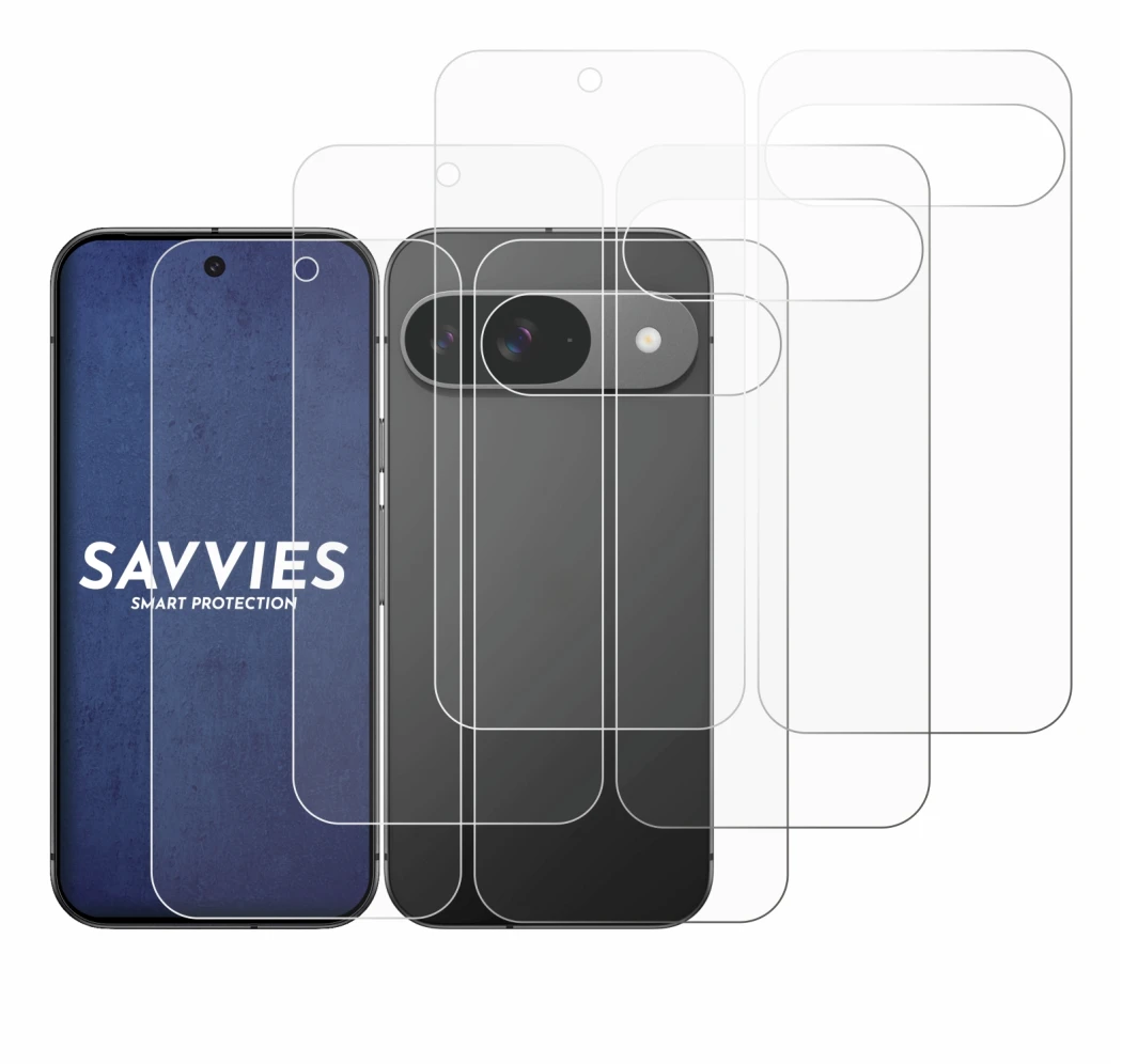 Imagen del dispositivo Google Pixel 9 (Frontal+Trasero) con una amplia variedad de protectores de pantalla.