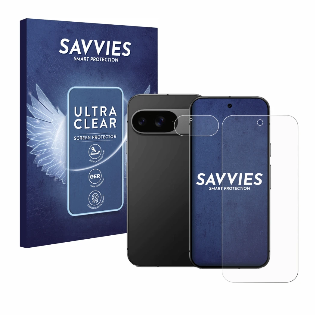 Parte frontal de un envase de producto con el logotipo de la marca Savvies. Al lado se muestra el dispositivo Google Pixel 9 (