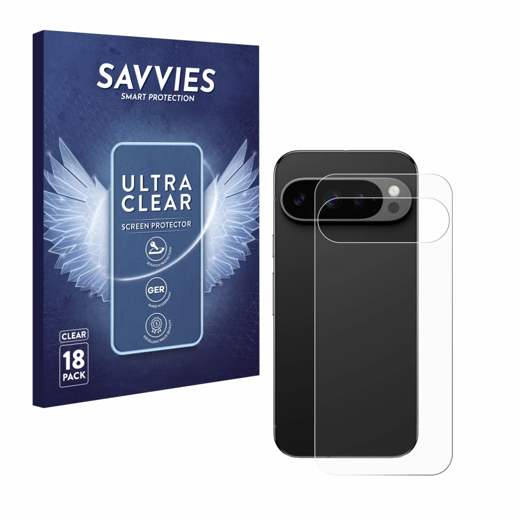 Parte frontal de un envase de producto con el logotipo de la marca Savvies. Al lado se muestra el dispositivo Google Pixel 9 P