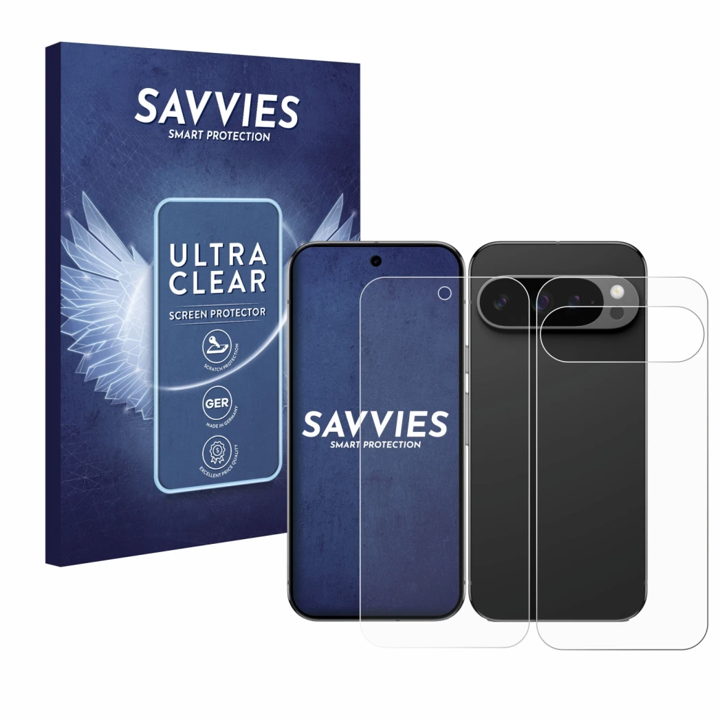 Parte frontal de un envase de producto con el logotipo de la marca Savvies. Al lado se muestra el dispositivo Google Pixel 9 P