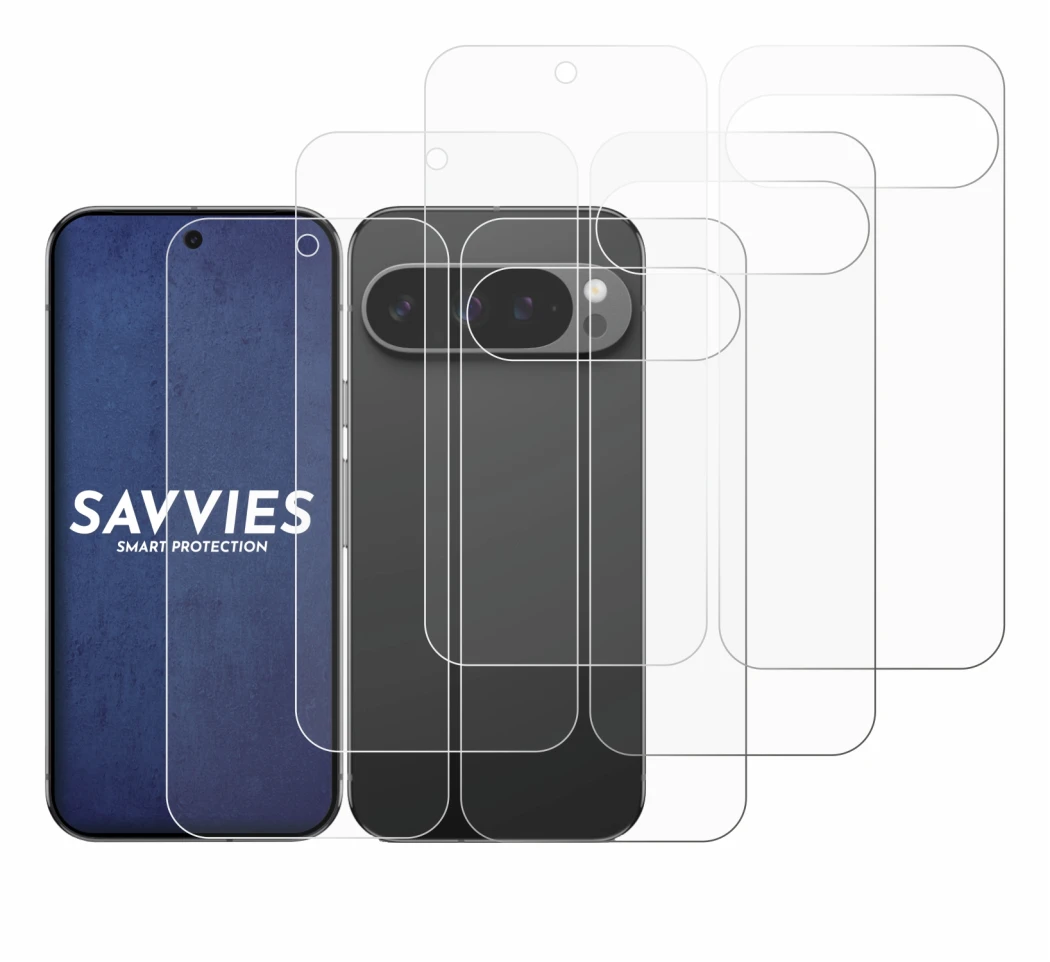 Imagen del dispositivo Google Pixel 9 Pro (Frontal+Trasero) con una amplia variedad de protectores de pantalla.