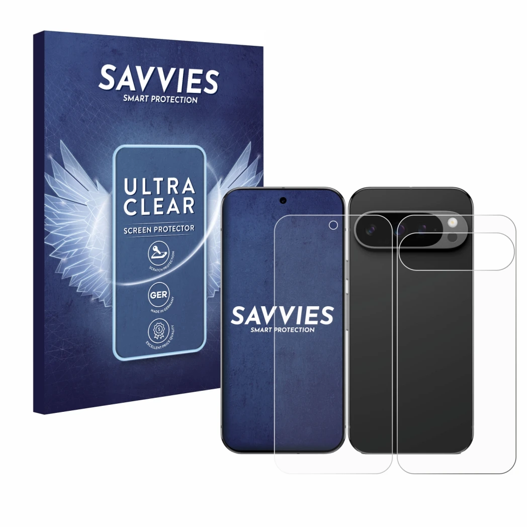 Parte frontal de un envase de producto con el logotipo de la marca Savvies. Al lado se muestra el dispositivo Google Pixel 9 P