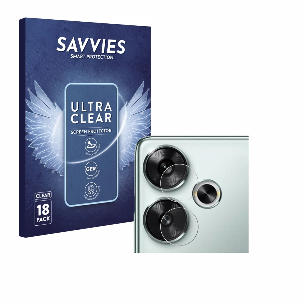 Parte frontal de un envase de producto con el logotipo de la marca Savvies. Al lado se muestra el dispositivo Xiaomi Poco F6 (