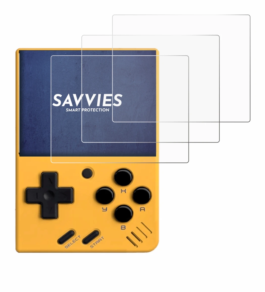 Imagen del dispositivo Miyoo Mini V4 con una amplia variedad de protectores de pantalla.